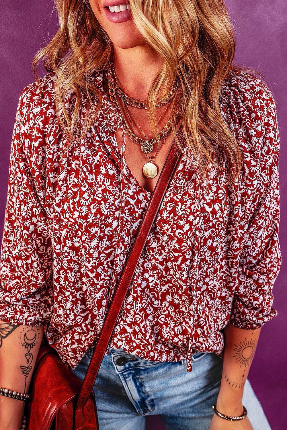 Biking Red Floral Print Smocked Tie Neck Blouse - L & M Kee, LLC