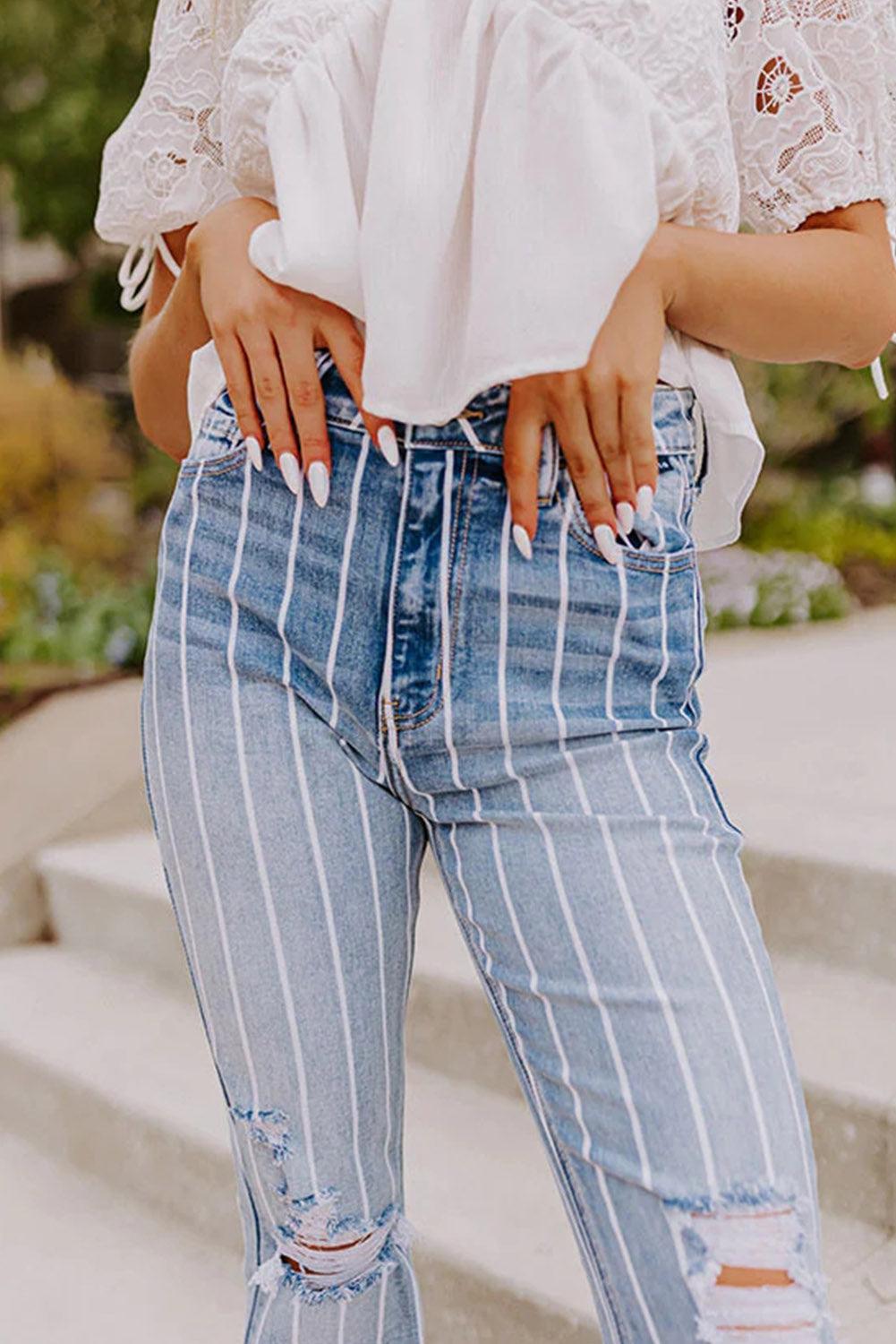 Vertical Striped Ripped Flare Jeans - L & M Kee, LLC