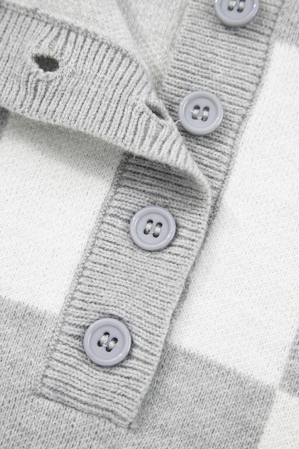 Gray Plus Size Checkered Pattern Button Polo Collar Split Sweater