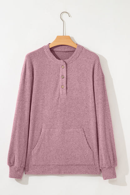 Pink Ribbed Texture Drop Shoulder Henley Knit Top