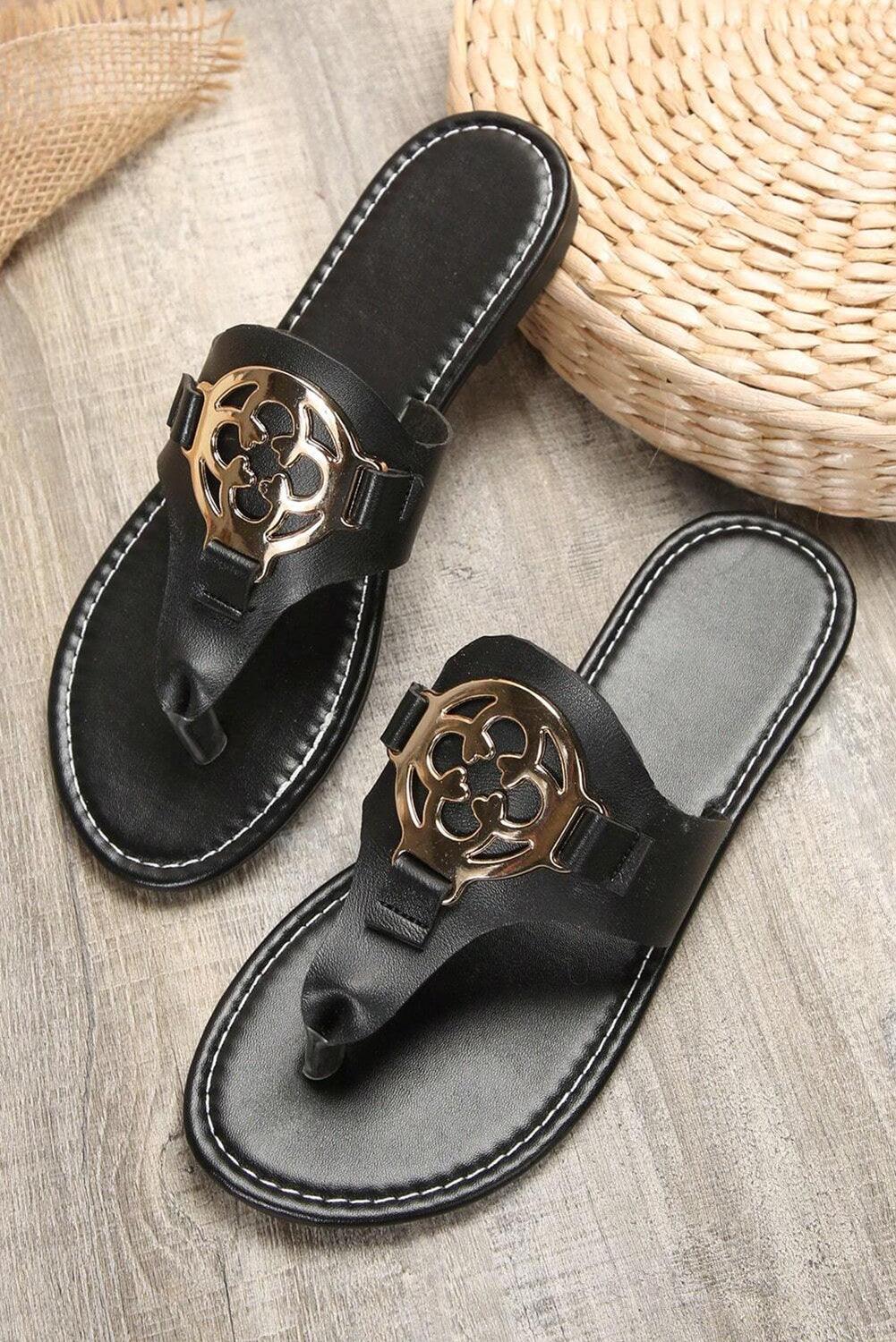 Black Metal Décor Leather Thong Slippers - L & M Kee, LLC