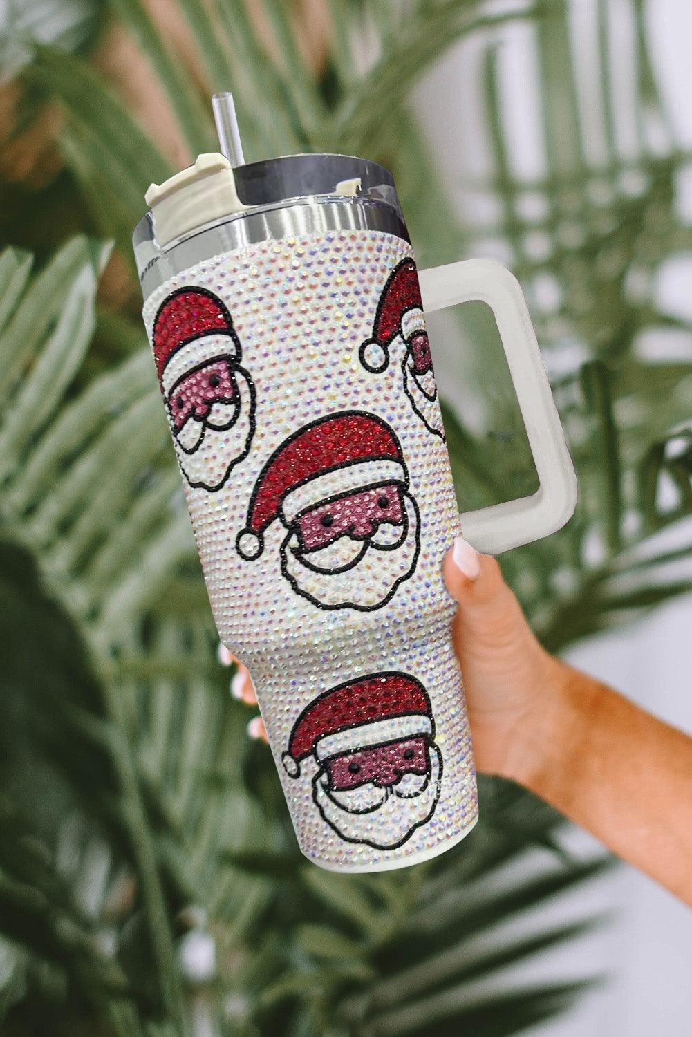 White Christmas Santa Claus Diamond Thermos Cup with Straw - L & M Kee, LLC