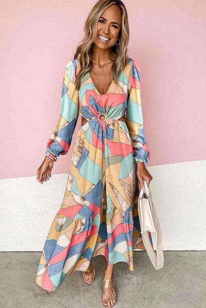 Multicolor Abstract Print O-ring Cut out Long Sleeve Maxi Dress - L & M Kee, LLC