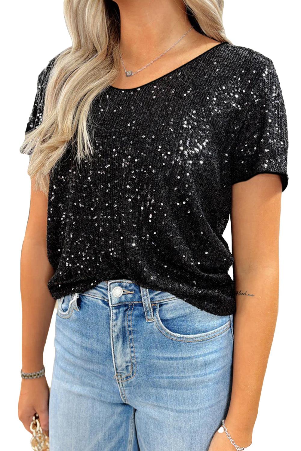 Black Short Sleeve Sequin Top - L & M Kee, LLC