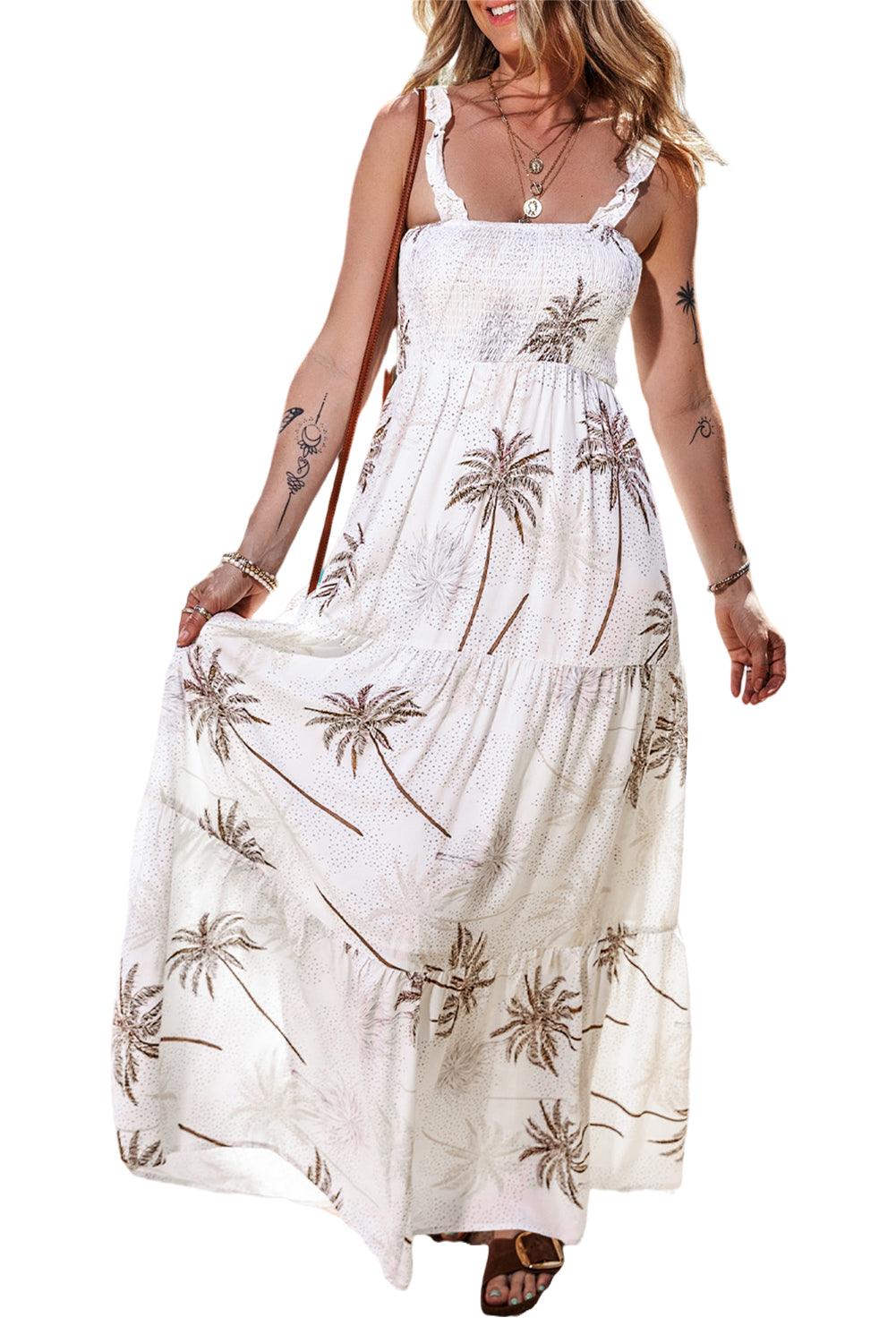 White Tropical Print Smocked Ruffled Straps Maxi Dress - L & M Kee, LLC