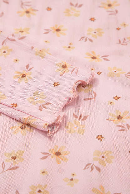 Pink Vintage Floral Print Southern Style Mesh Long Sleeve Top