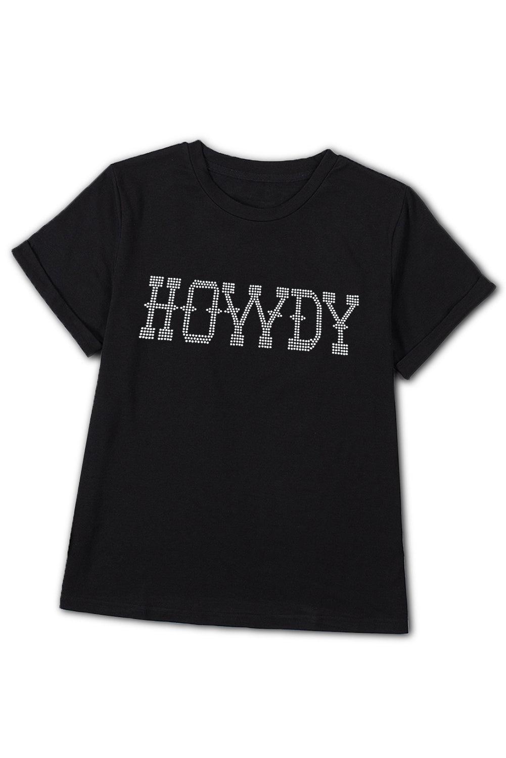 Black HOWDY Rhinestone Slim Fit Crew Neck T Shirt - L & M Kee, LLC