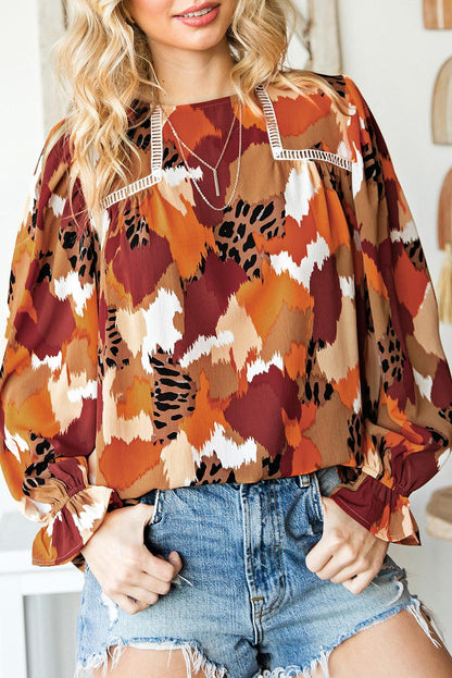 Multicolour Plus Size Abstract Print Puff Sleeve Blouse - L & M Kee, LLC