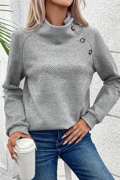 Gray Asymmetric Buttons Detail High Neck Textured Sweatshirt - L & M Kee, LLC