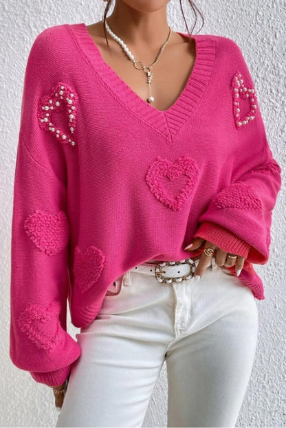 Rose Red Pearl Embellished Fuzzy Hearts V Neck Sweater - L & M Kee, LLC