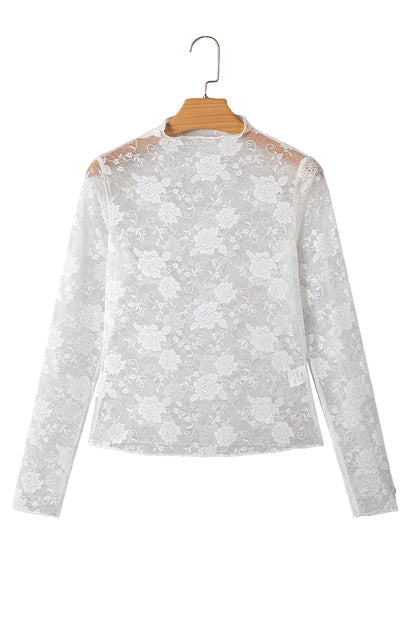 White Sheer Floral Lace Mesh Mock Neck Long Sleeve Top