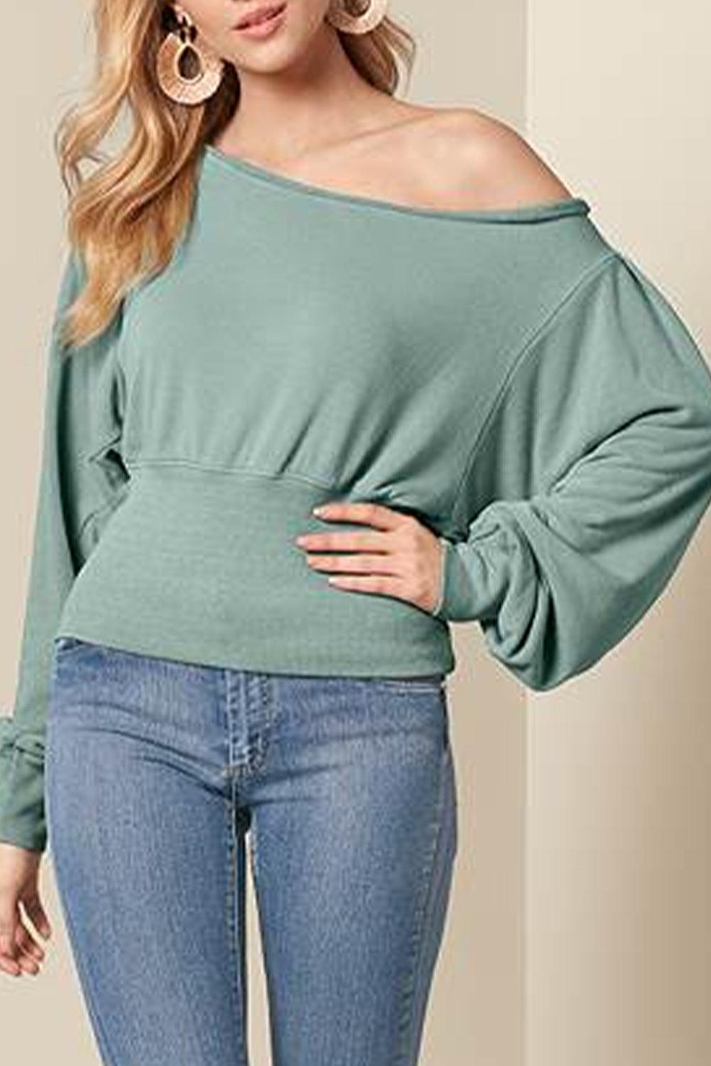 Green Off Shoulder Bishop Sleeve Cinched Waist Blouse - L & M Kee, LLC