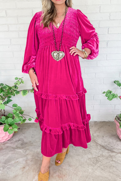 Rose Red Shirred V Neck Tiered Ruffled Velvet Plus Size Maxi Dress