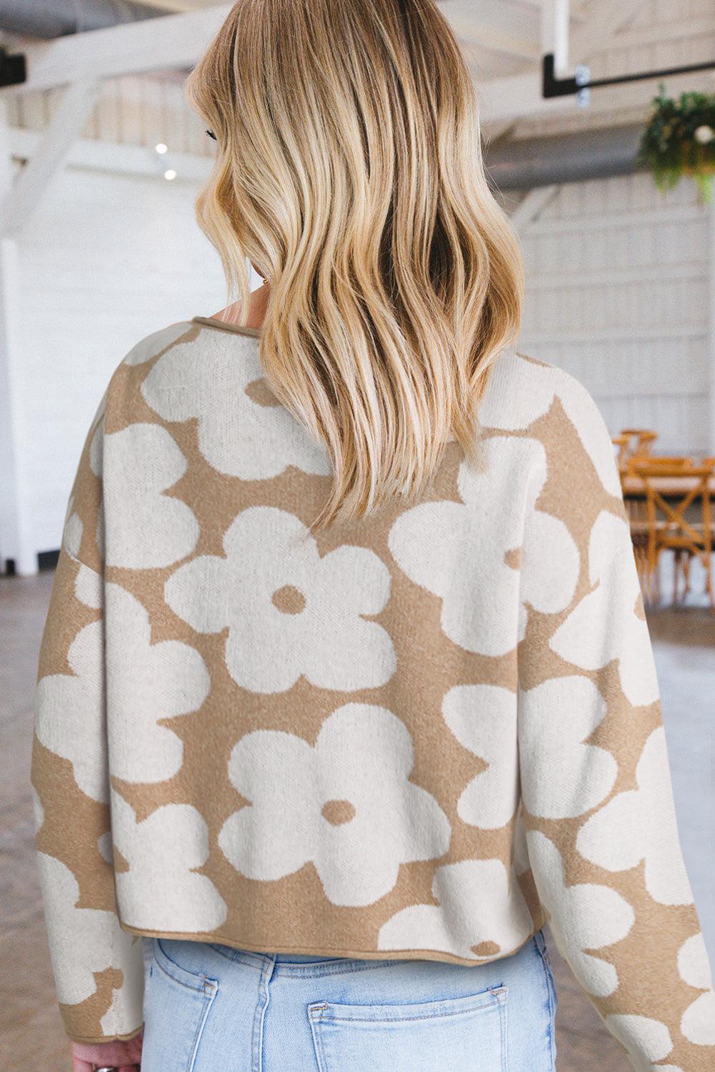 Light French Beige Flower Pattern Cropped Sweater - L & M Kee, LLC