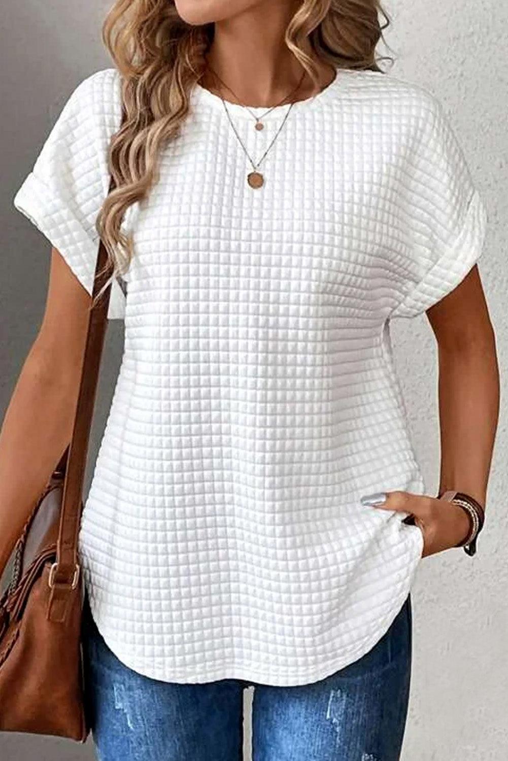 White Checkered Textured Bat Sleeve T Shirt - L & M Kee, LLC