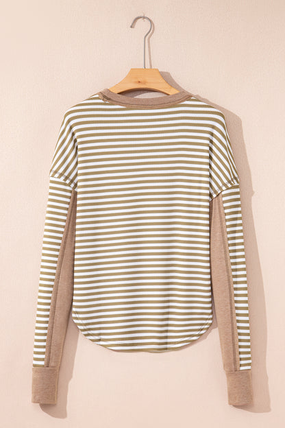 Khaki Stripe Thermal Knit Drop Shoulder Casual Top