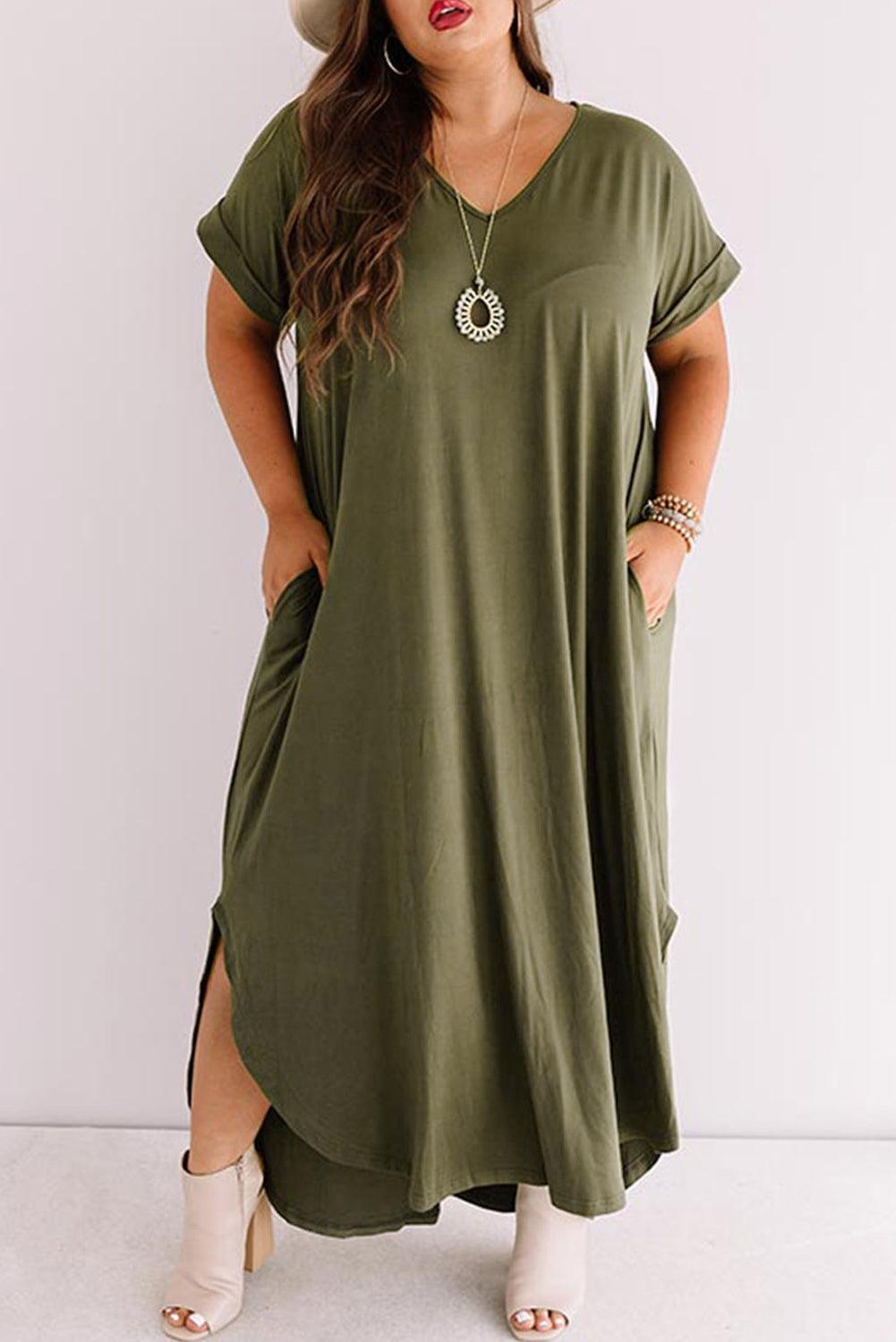 Plus Size V Neck Rolled Cuffs Maxi Dress - L & M Kee, LLC