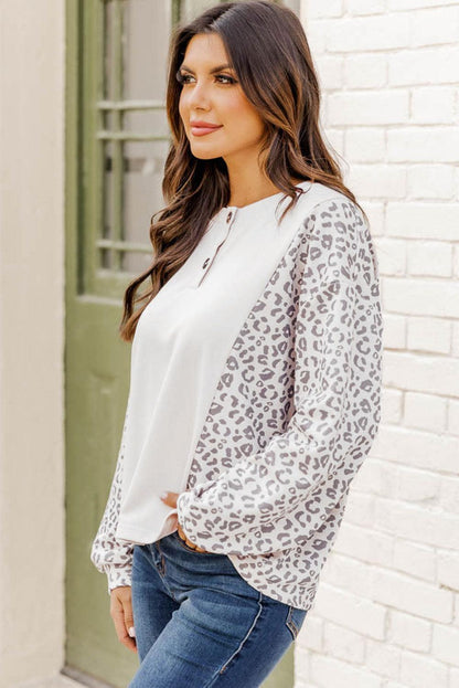 Leopard Splicing Dolman Sleeve Contrast Henley Top - L & M Kee, LLC