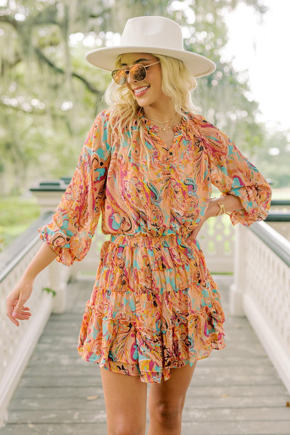 Multicolour Paisley Print Frilled Mini Dress - L & M Kee, LLC