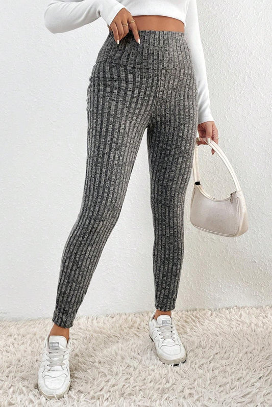 Gray Wide Waistband Ribbed Textured Knit Leggings - L & M Kee, LLC