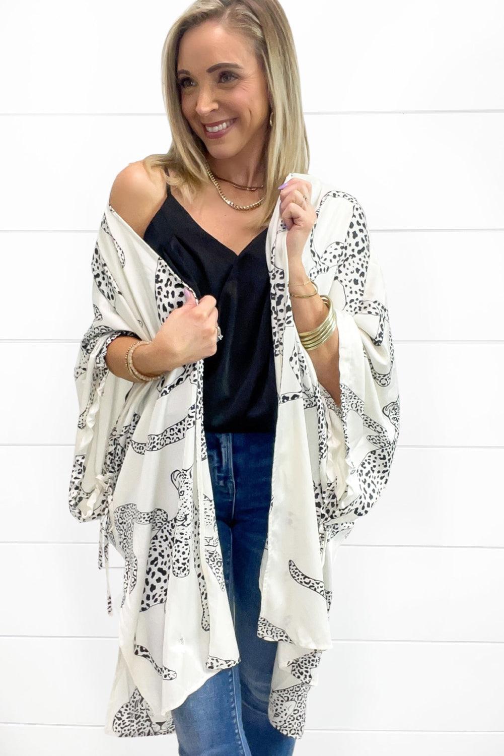 White Cheetah Print Loose Fit Open Front Kimono - L & M Kee, LLC