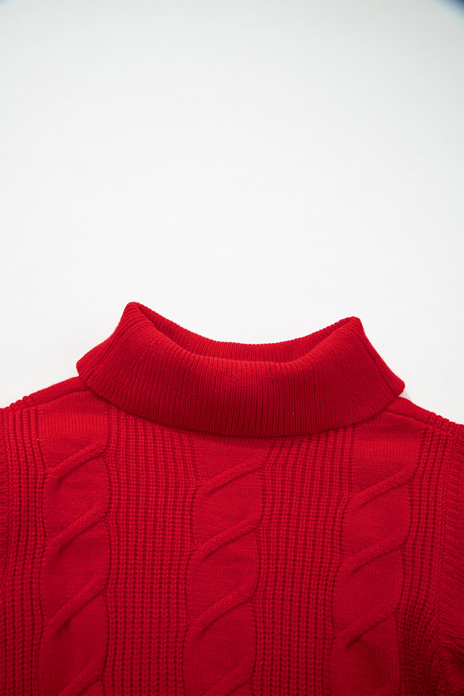 Jet Stream Cable Knit Turtleneck Ruffled Short Sleeve Sweater