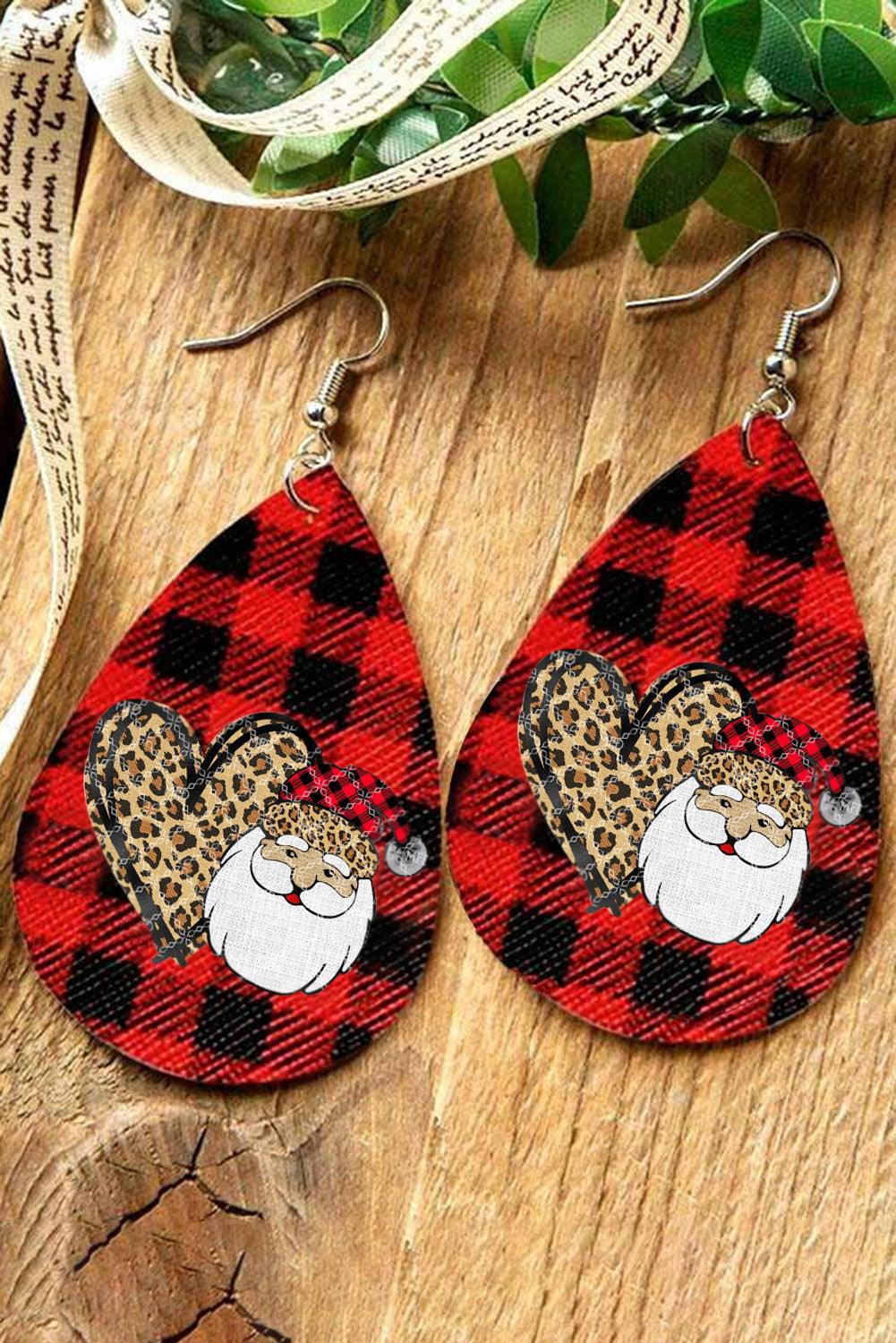 Fiery Red Christmas Leopard Heart Plaid Print Earrings - L & M Kee, LLC