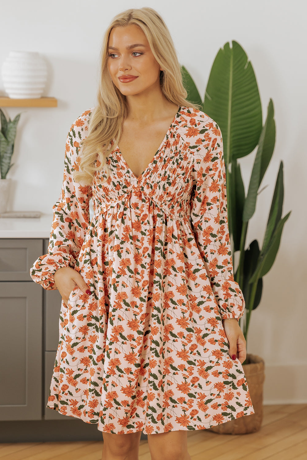 Black Floral Deep V Neck Smocked Bust Bubble Sleeve Babydoll Dress