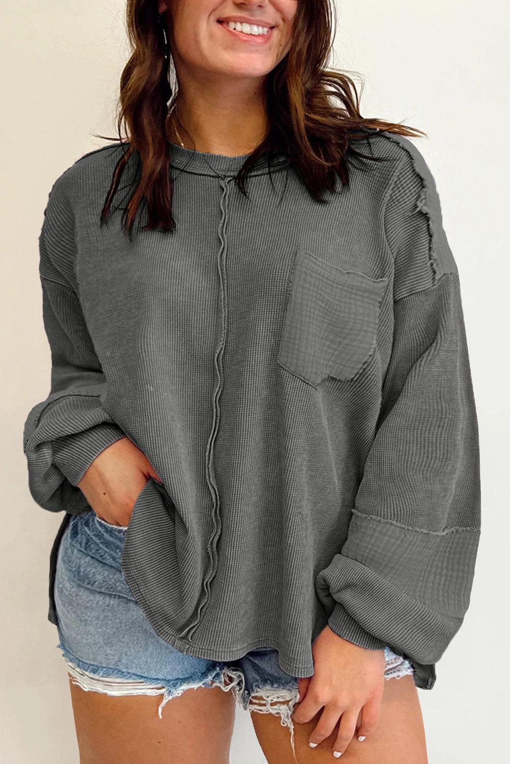 Dark Grey Plus Size Exposed Seam Crinkle Patchwork Top - L & M Kee, LLC