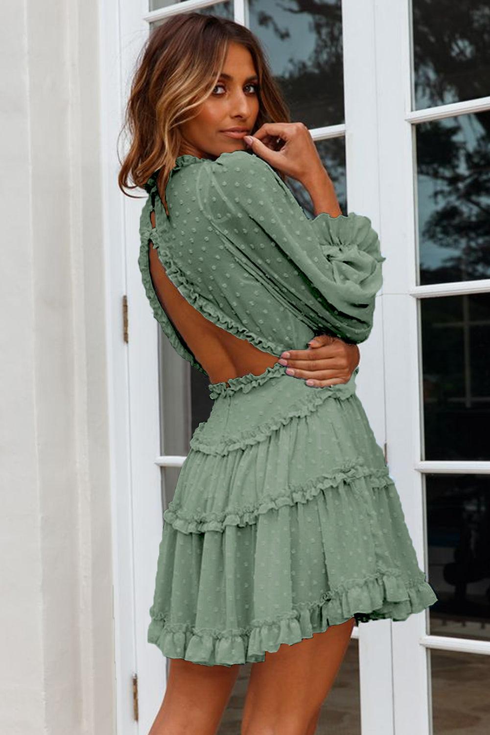 Green Layered Ruffled Open Back Puff Sleeve Swiss Dot Mini Dress - L & M Kee, LLC