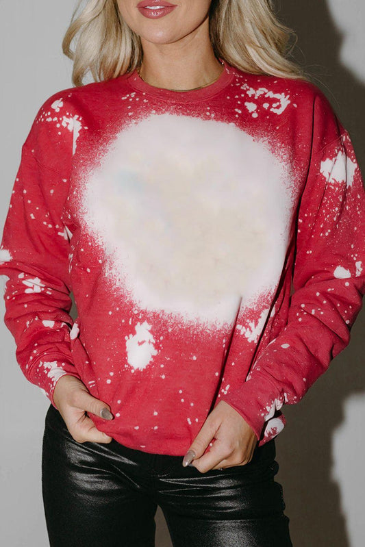 Fiery Red Bleached Tie-dye Print Crew Neck Long Sleeve Top - L & M Kee, LLC