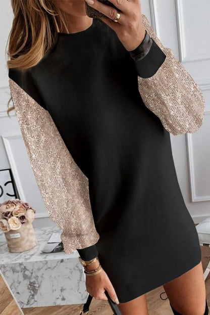 Black Sequin Puff Sleeve Shift Mini Dress - L & M Kee, LLC