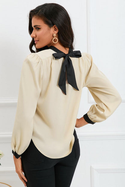 Color Block Bow Back Mock Neck Blouse - L & M Kee, LLC