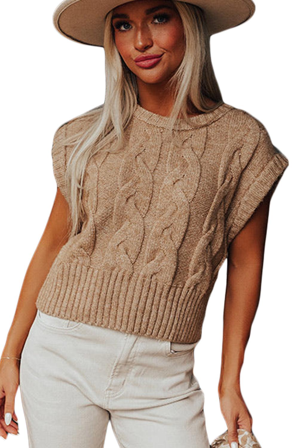 Light French Beige Cap Sleeve Cable Knit Sweater - L & M Kee, LLC