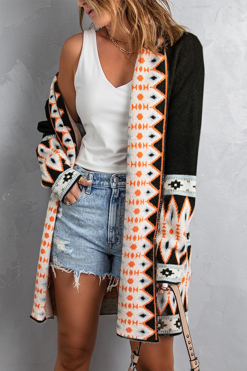 Black Aztec Print Open Front Knitted Cardigan - L & M Kee, LLC