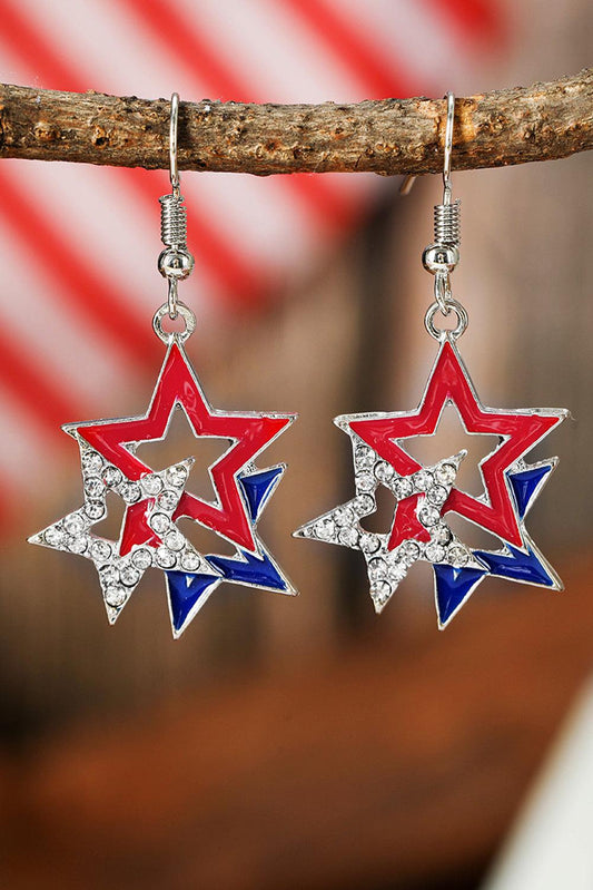 Fiery Red American Flag Rhinestone Star Dangle Earrings