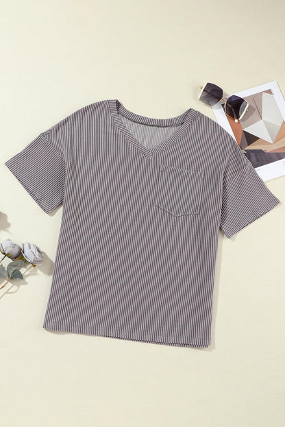 Light Grey Corded V Neck Chest Pocket Loose T-shirt - L & M Kee, LLC