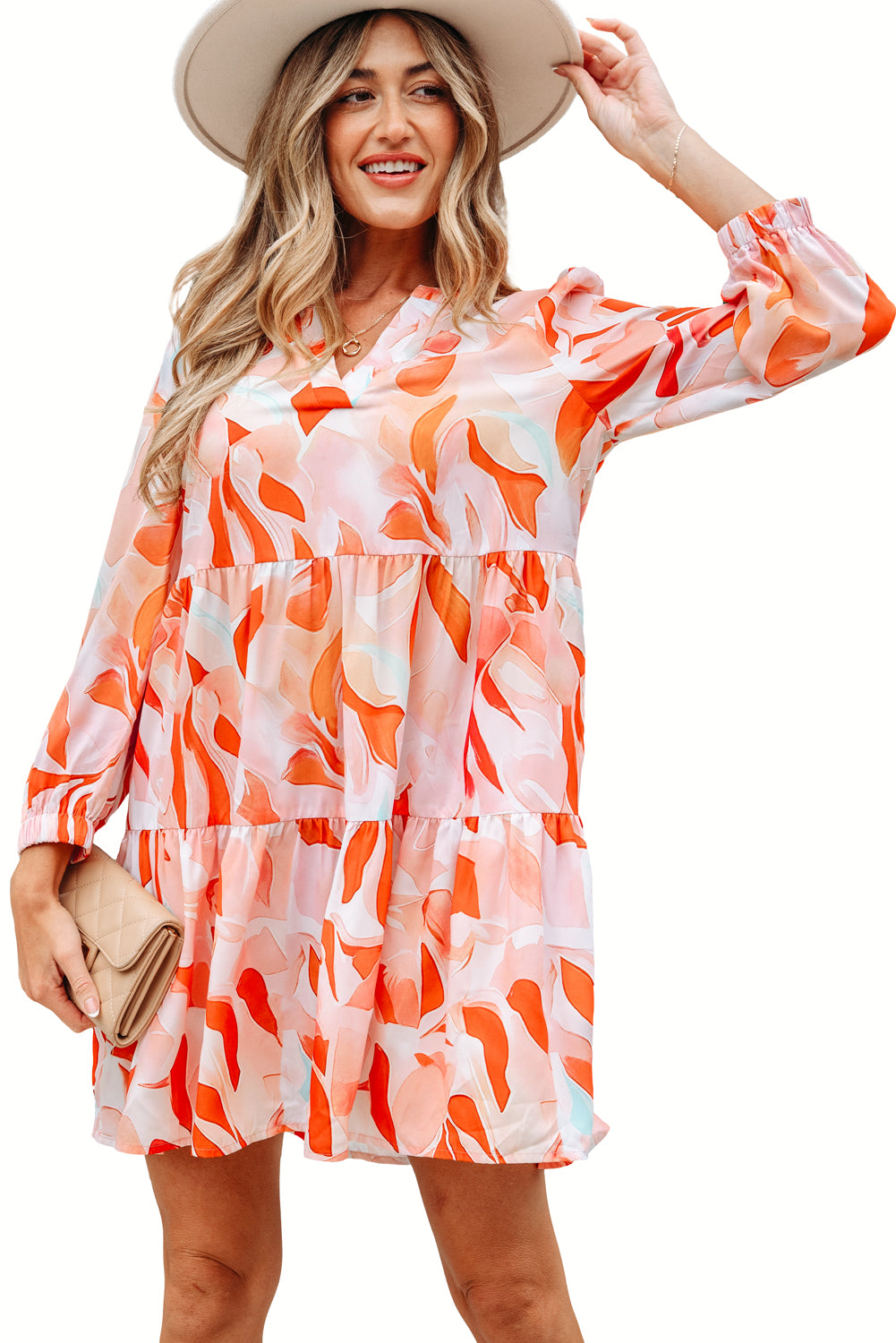 Orange Abstract Print Split Neck Long Sleeve Dress