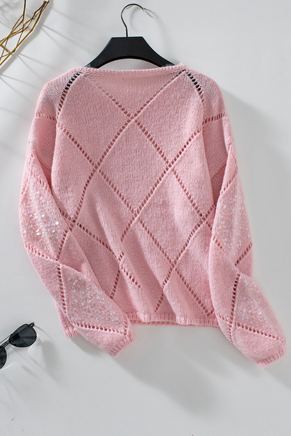 Light Pink Hollowed Rhombus Pattern Sequin Detail Round Neck Sweater