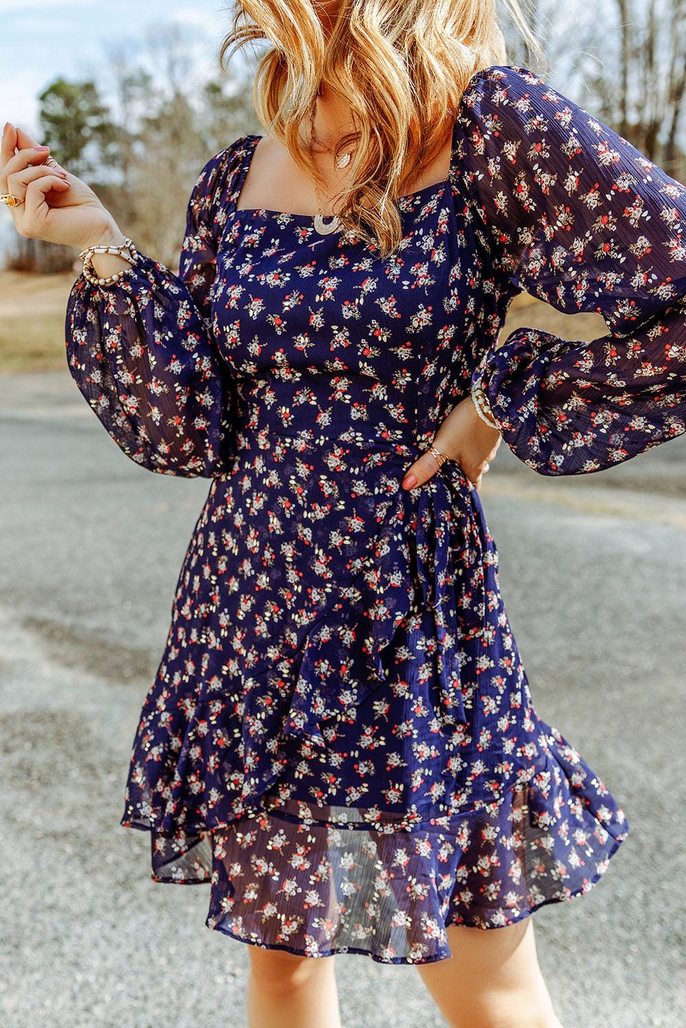 Blue Floral Print Smocked Square Neck Bubble Sleeve Dress - L & M Kee, LLC