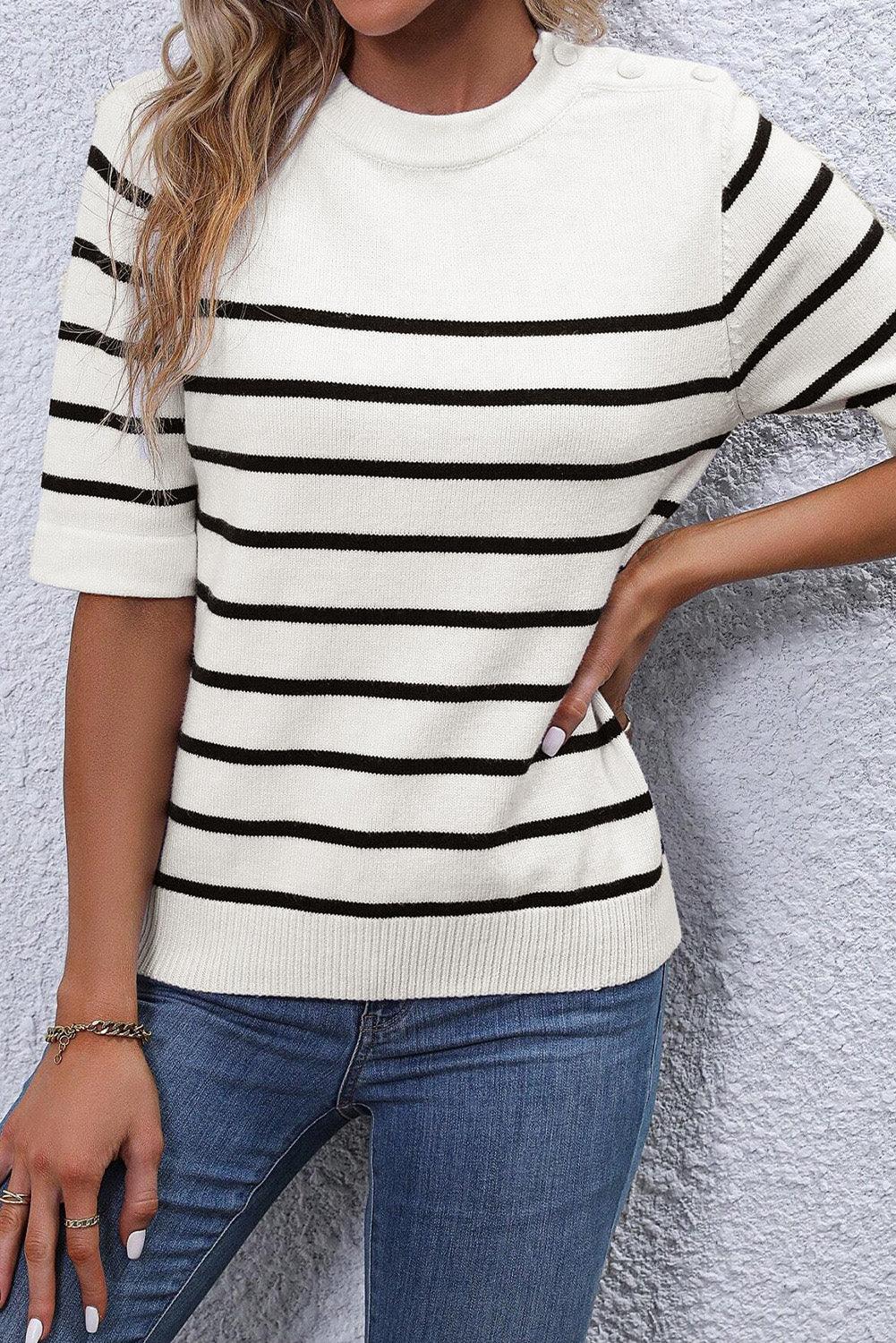 White Stripe Striped Half Sleeve Knitted Tee - L & M Kee, LLC