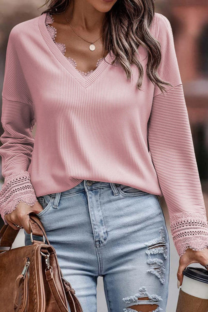 Pink Ribbed Texture Lace Trim V Neck Long Sleeve Top - L & M Kee, LLC
