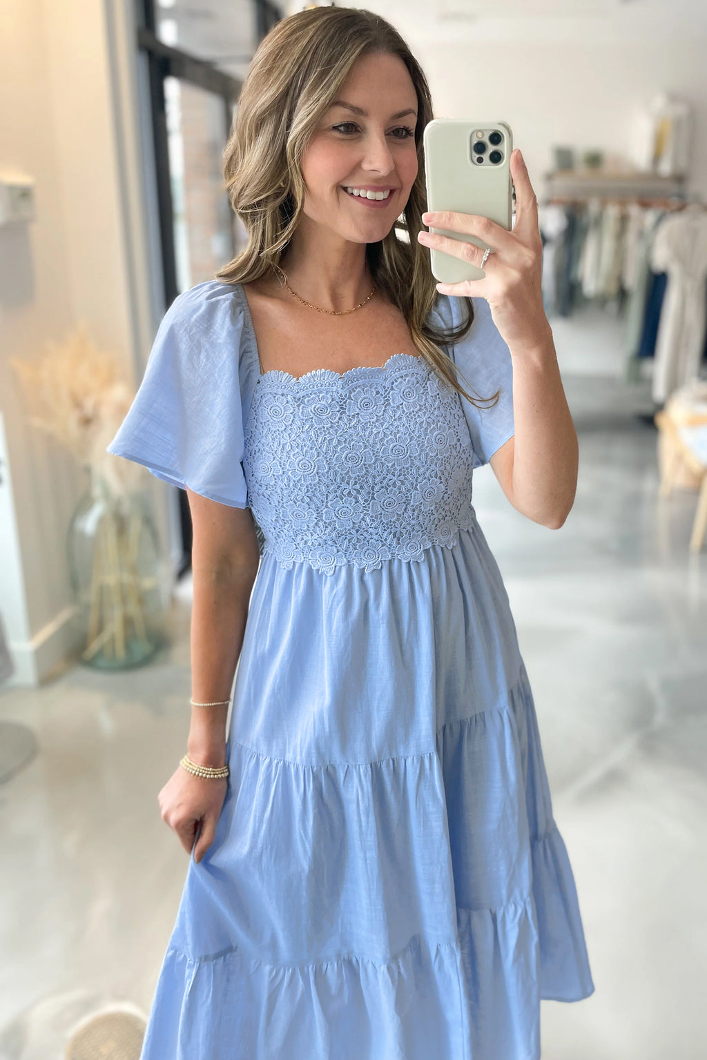 Beau Blue Flowy Short Sleeve Lace Detail Square Neck Tiered Midi Dress