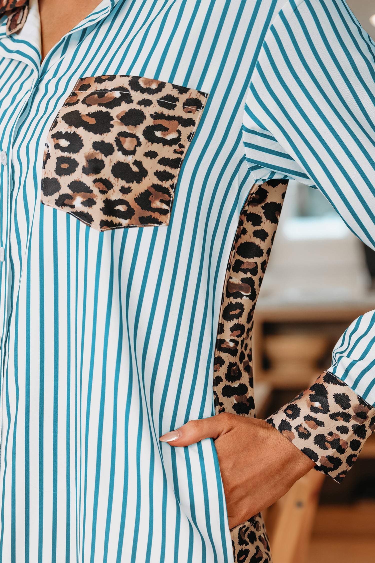 Sky Blue Stripe Contrast Leopard Patchwork Long Shirt Dress with Slits