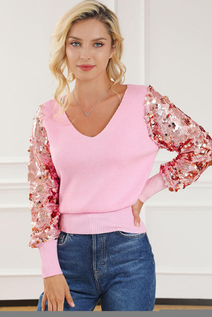 Pink Contrast Sequin Sleeve V Neck Ribbed Knit Sweater - L & M Kee, LLC