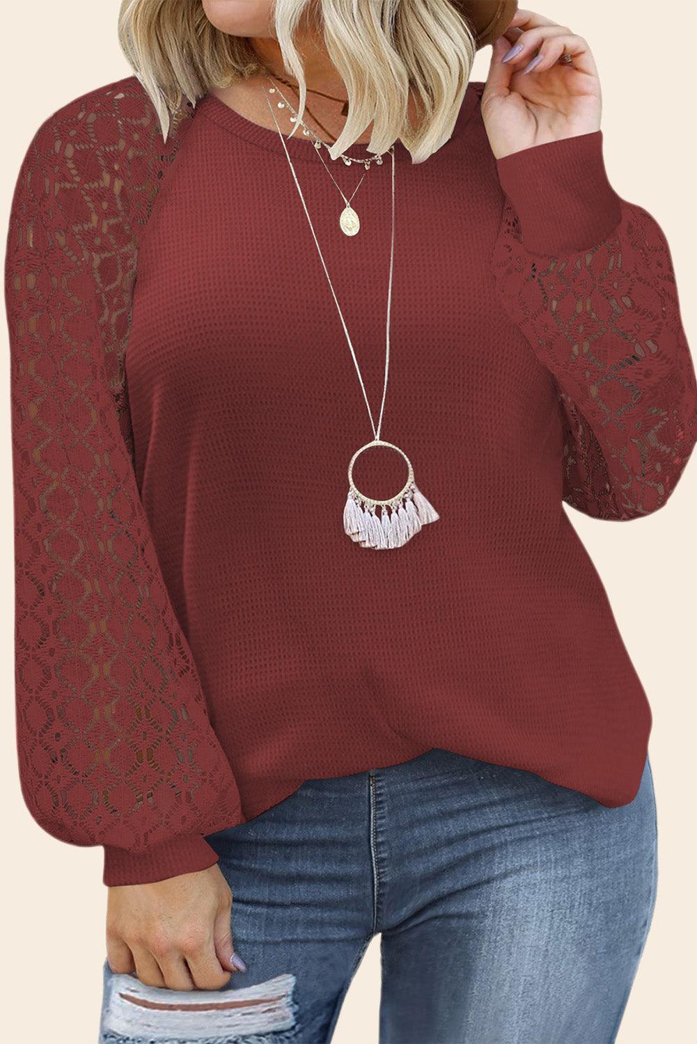 Red Plus Size Contrast Lace Sleeve Waffle Knit Top - L & M Kee, LLC