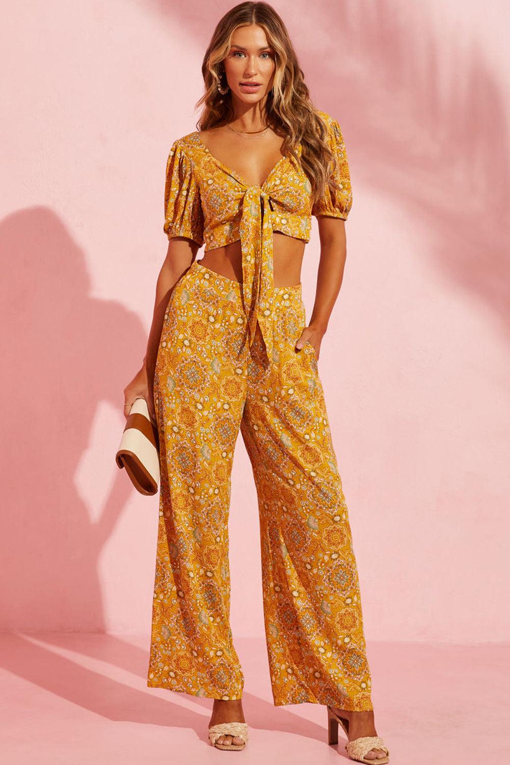 Yellow Bohemian Floral Print Pocketed Wide Leg Pants - L & M Kee, LLC