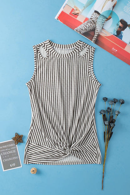 Gray Striped Cutout Twist Front Tank Top - L & M Kee, LLC