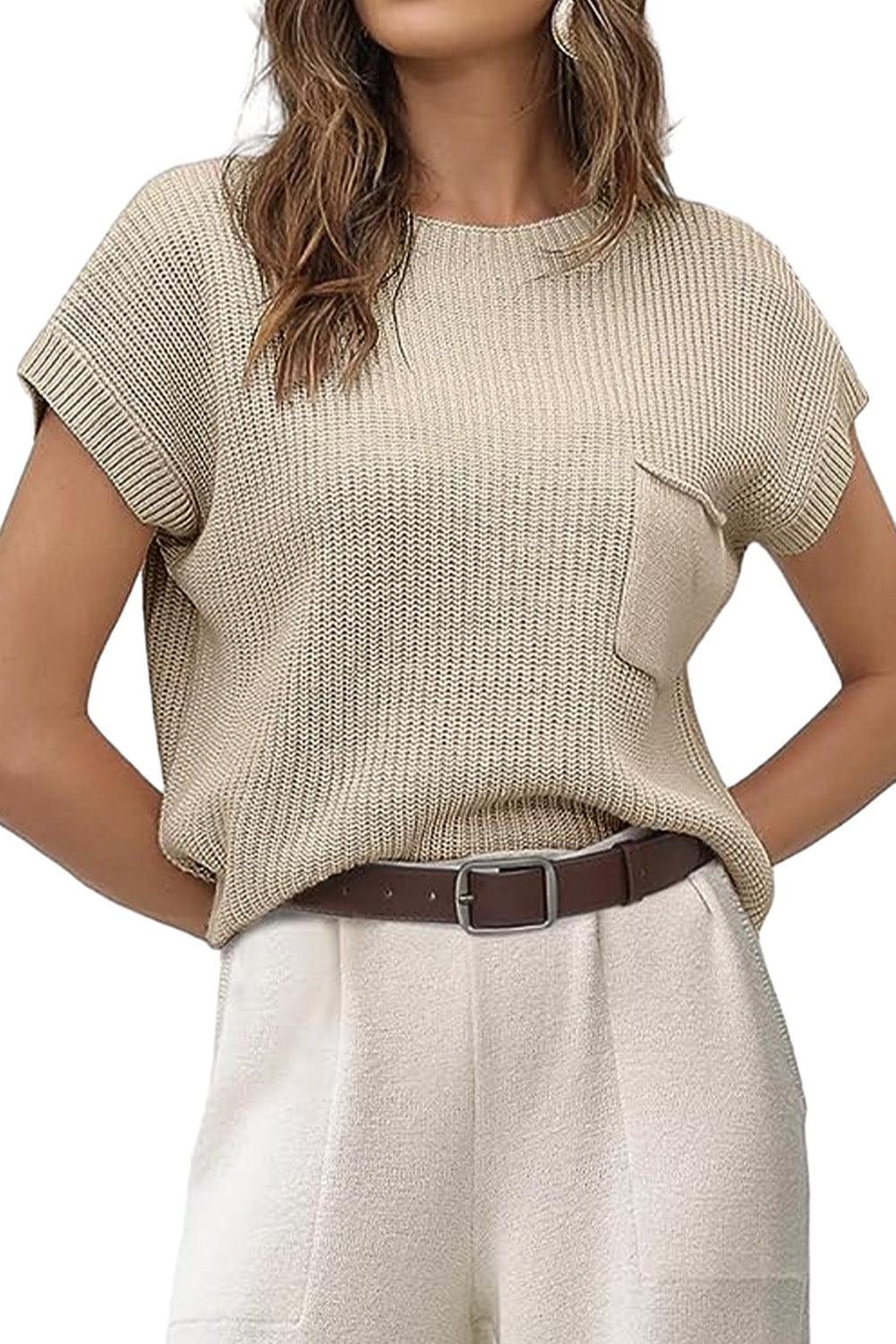 Pale Khaki Patch Pocket Short Sleeve Sweater - L & M Kee, LLC