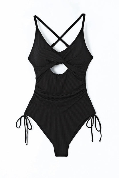 Black Ribbed Sexy Cutout Ruched Monokini - L & M Kee, LLC